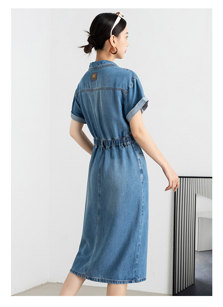 Đầm maxi nữ thắt eo chất liệu denim phối tơ acetate mềm mại, không bí bách — xanh lam chi tiết 11