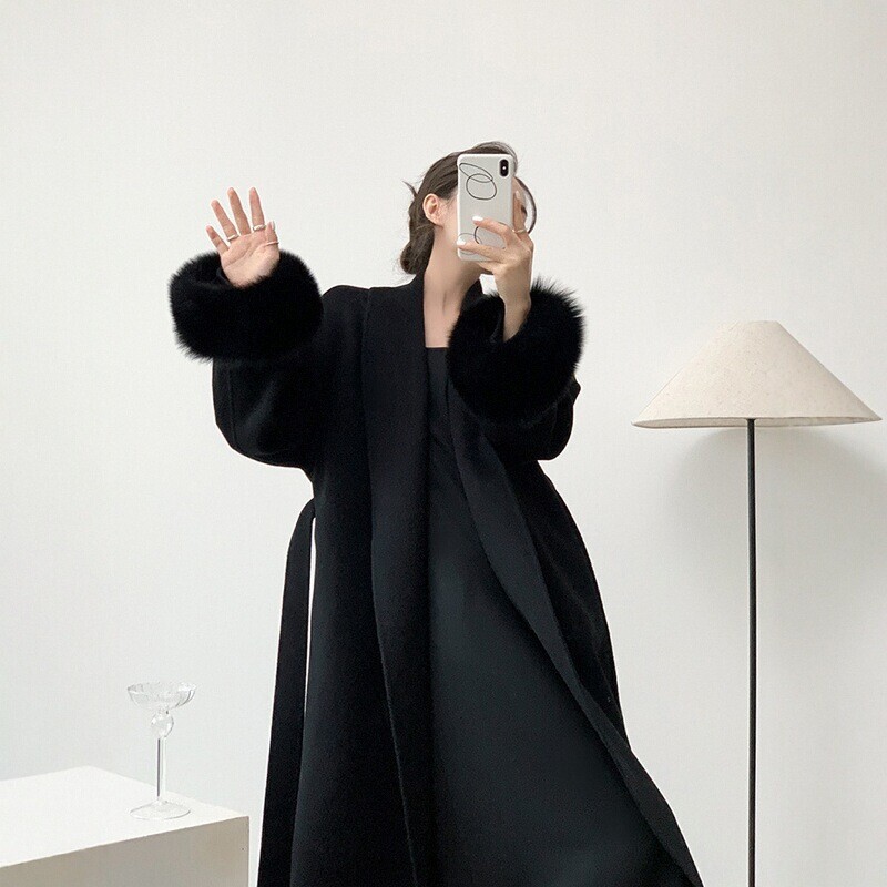 Black detachable oversized fox fur double-sided cashmere coat for women, 2026 winter new style, woolen coat for petite women