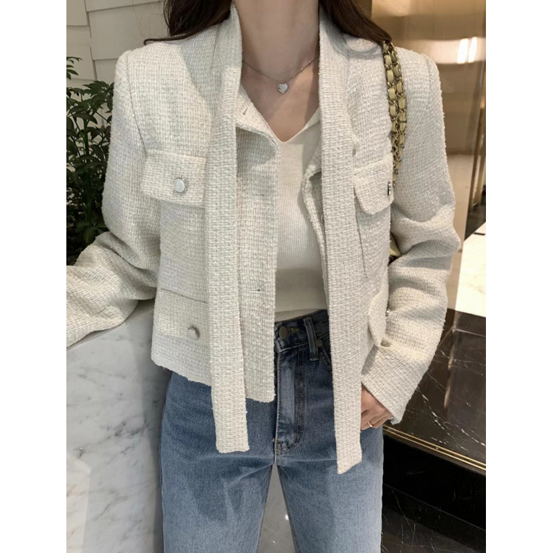 Korean Chic Autumn and Winter New French Style Small Fragrant Style Design Floating Collar Tweed Long-Sleeved Small Jacket