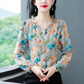 大码洋气印花雪纺衬衫女上衣2026夏季新款女士气质显瘦衬衣长袖