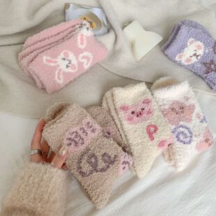 24 Winter New Coral Fleece Socks Japanese Cartoon Illustration fleece-lined Women's Mid-tube Socks Thickened Warm Floor Socks