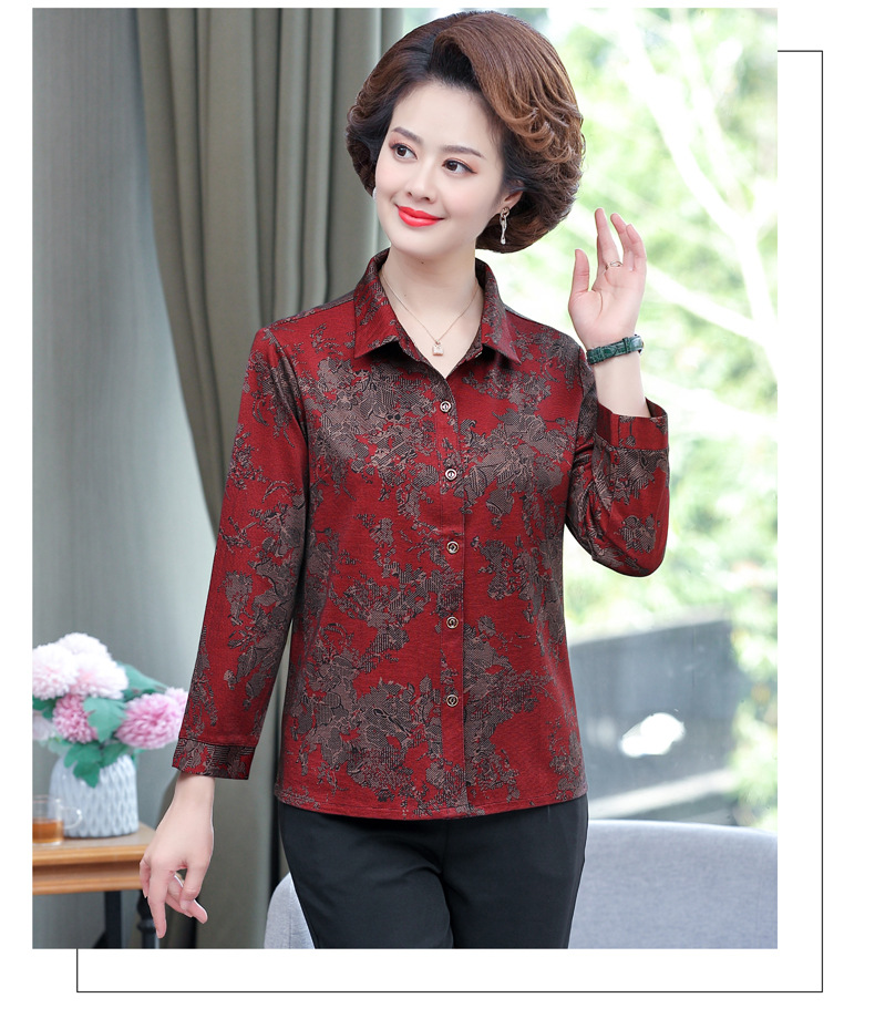 印花女士衬衫长袖妈妈装开衫