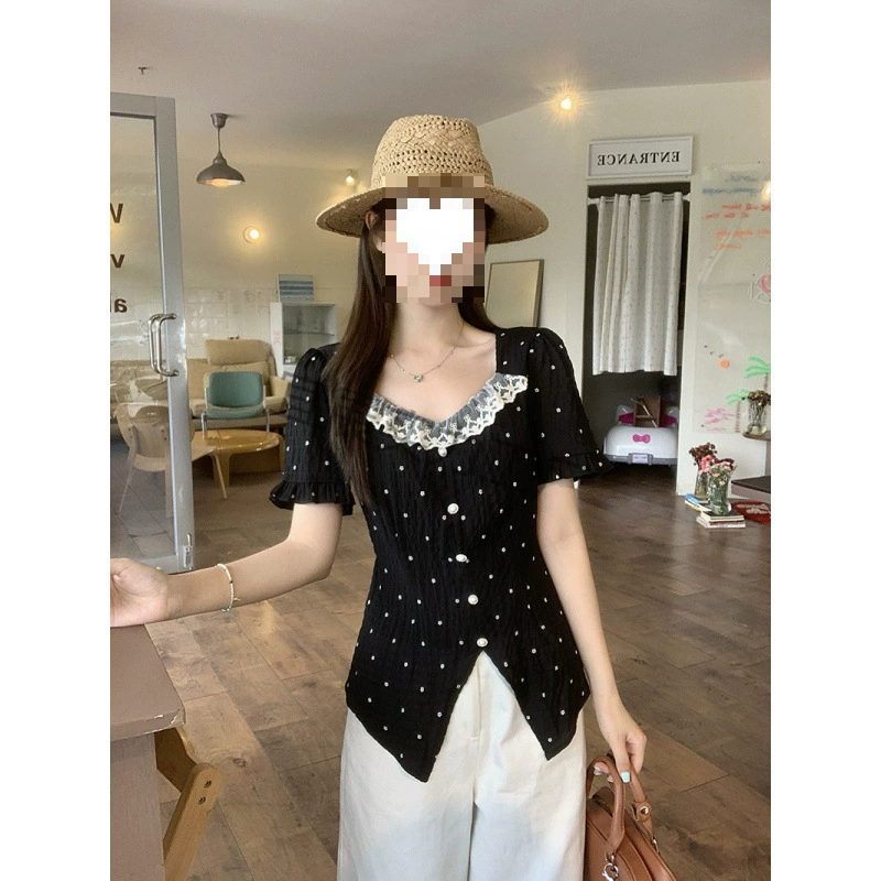 2025夏装新款复古蕾丝花边拼接显瘦大码女装气质短袖衬衫上衣
