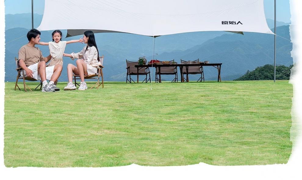 Primitive-style large outdoor tent with professional sun protection silver-coated canopy, beach sunshade, table and chairs for camping