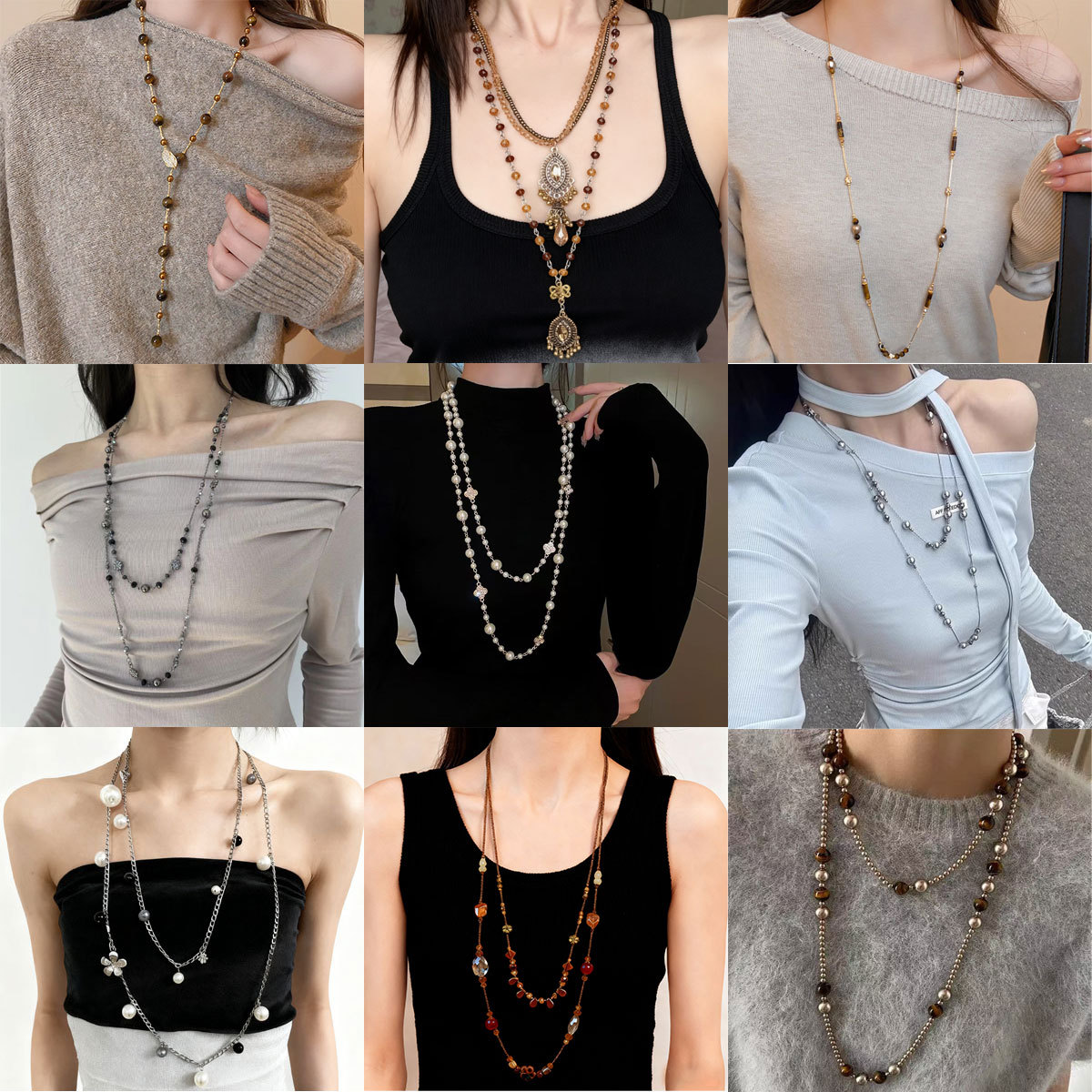 高级感多层灰色珍珠项链女长款多戴法毛衣链轻奢小众锁骨颈链配饰