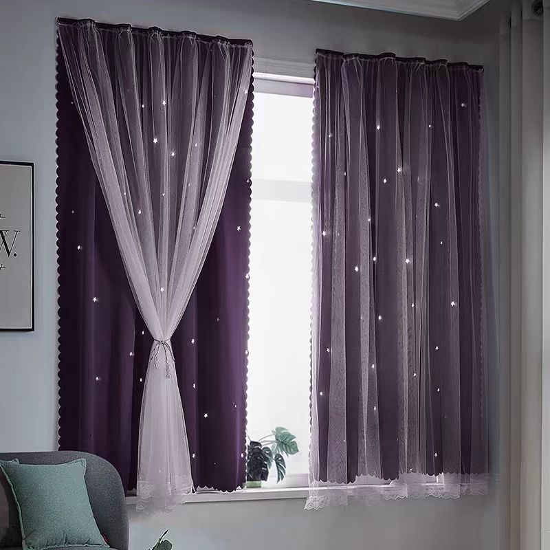 Moderno minimalista estrella doble sombra de tela de encaje cortina de dormitorio balcón hueco estrella cortina terminada