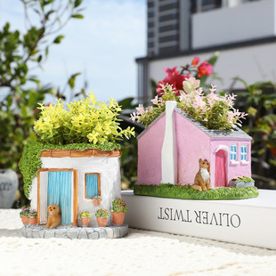 Modern Romantic Cottage Garden Garden Container Resin Fleshy Pink House Flower Pot Computer Desktop Potted Flower Vessel