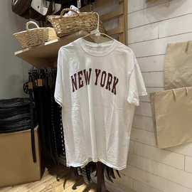 BM风美式复古圆领白色Newyork字母印花宽松短袖T恤女辣妹大码上衣