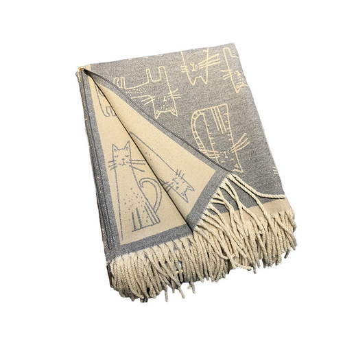  New Thick Tassel Scarf Women's Cat Print Imitation Cashmere Shawl Autumn and Winter Warm Scarf