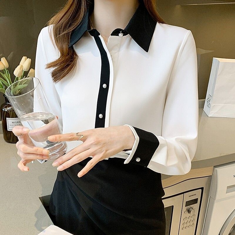 White chiffon women's long-sleeve shirt, 2026 spring and autumn new style, elegant and youthful, with contrasting colors, unique top, professional attire blouse