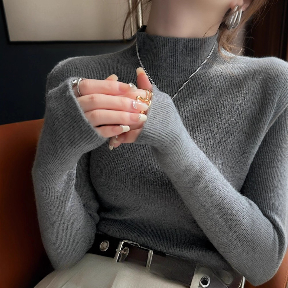 Wool Inner Layering Shirt for Women 2025 New Spring & Fall High-End Gray Half Turtleneck Sweater Slim Knitted Top