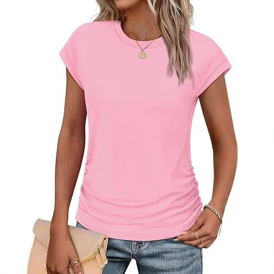 In stock 2026 European and American cross-border Amazon summer new round neck short-sleeve fashion versatile side seam ruched T-shirt In stock 2026 European and American cross-border Amazon summer new round neck short-sleeve fashion versatile side seam ruched T-shirt