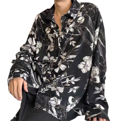 Vintage Hong Kong Style Ins Inspired Long-Sleeve Floral Shirt for Men and Women, Couples Fashion, Loose Fit TrendyLazy StyleCuban Shirt