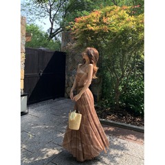 レトロチェック柄ノースリーブベストドレス女性の夏の気質スリムロングスカートスリムウエストAラインスカート