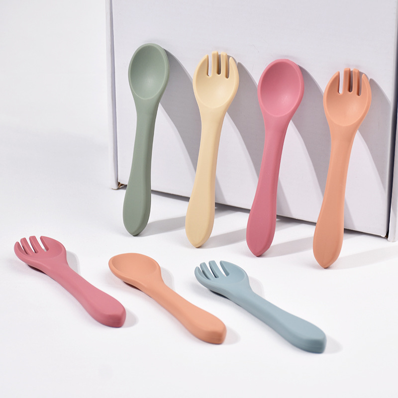 어린이용 실리콘 포크와 스푼, 유아 식사 훈련용, 이유식 보조 식기 세트, 부드러운 스푼, 어린이 식기 세트