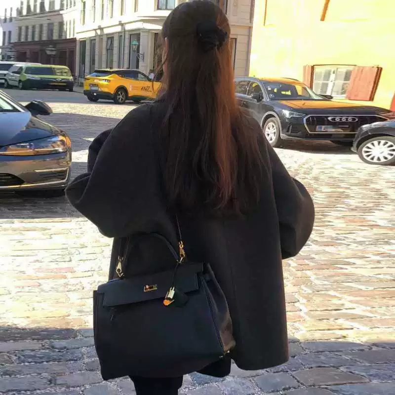 Retro Woolen Coat - French Style, Oversized Wool Jacket in Hidden Green or Brown, Size: Average code