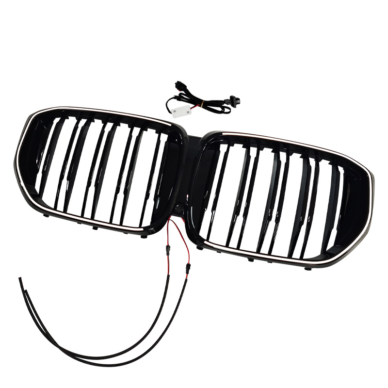 Suitable for BMW X5 G05LCI, dual-bar bright black illuminated front grille, modified LED air intake grille, front face accessories