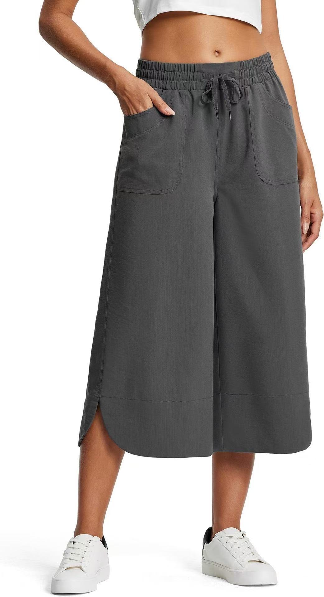 Women's Solid Color Wide Leg Capri Pants Spring Summer Elastic Waist Casual Relaxed Everyday Wear Comfortable Feshion_ecoleips.com