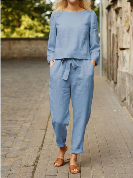 亜麻のスーツの婦人服のファッション的な純色のカジュアルな2つのセットの2022外国貿易の春と夏のシンプルなレトロなウエストのひも|undefined