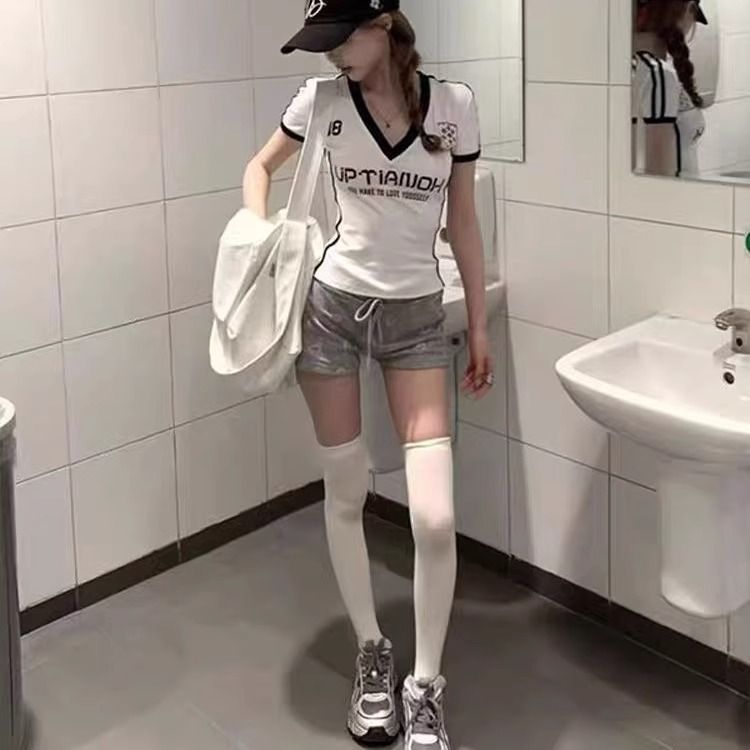 Slim Fit Women's Jersey T-Shirt V-Neck Short Sleeve Summer Top Hot Girl Sports Short New Waist Cinching_ecoleips.com