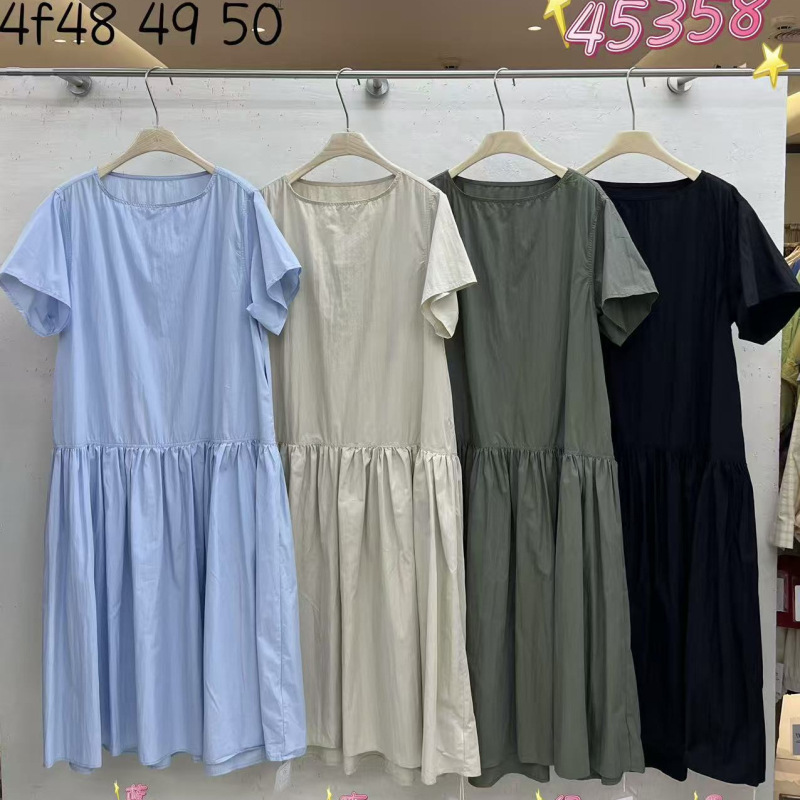 Wj2026 New Summer Style Women's Round Neck Japanese Style Short-Sleeved Dress Loose Mid-Length Skirt Pullover Skirt Straight Pants Wj2026 New Summer Style Women's Round Neck Japanese Style Short-Sleeved Dress Loose Mid-Length Skirt Pullover Skirt Straight Pants