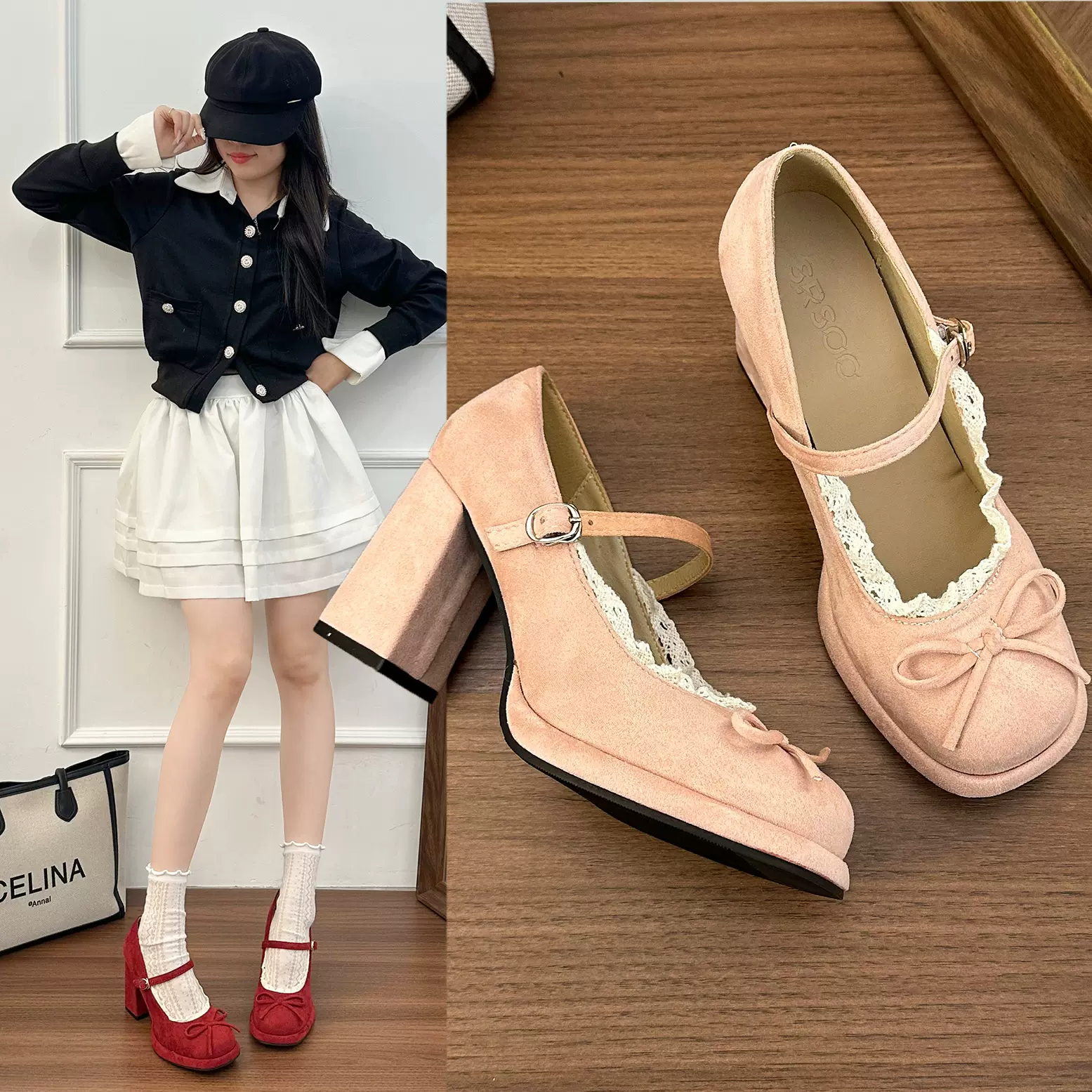 红色复古法式粗跟增高浅口单鞋女2026新款秋季配裙子百搭玛丽珍鞋