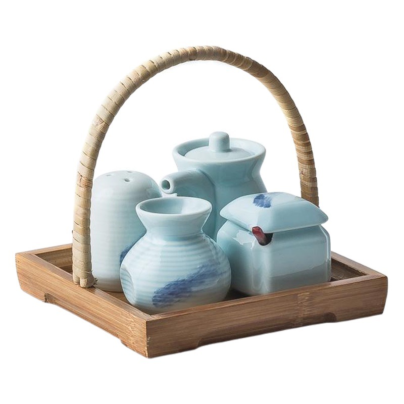 Japanese-Style Ceramic Sauce and Vinegar Pot Four-Piece Set, Small Soy Sauce Pot, Pepper Bottle, Toothpick Holder, Chili Jar Set
