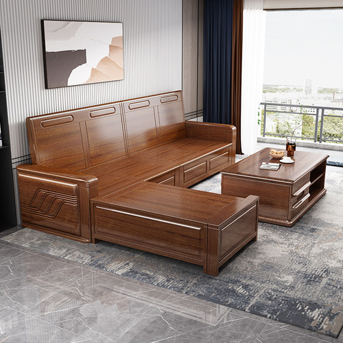 Solid wood sofa combination multi-person removable and washable fabric living room Chinese style rubber wood light luxury chaise sofa manufacturer direct sale