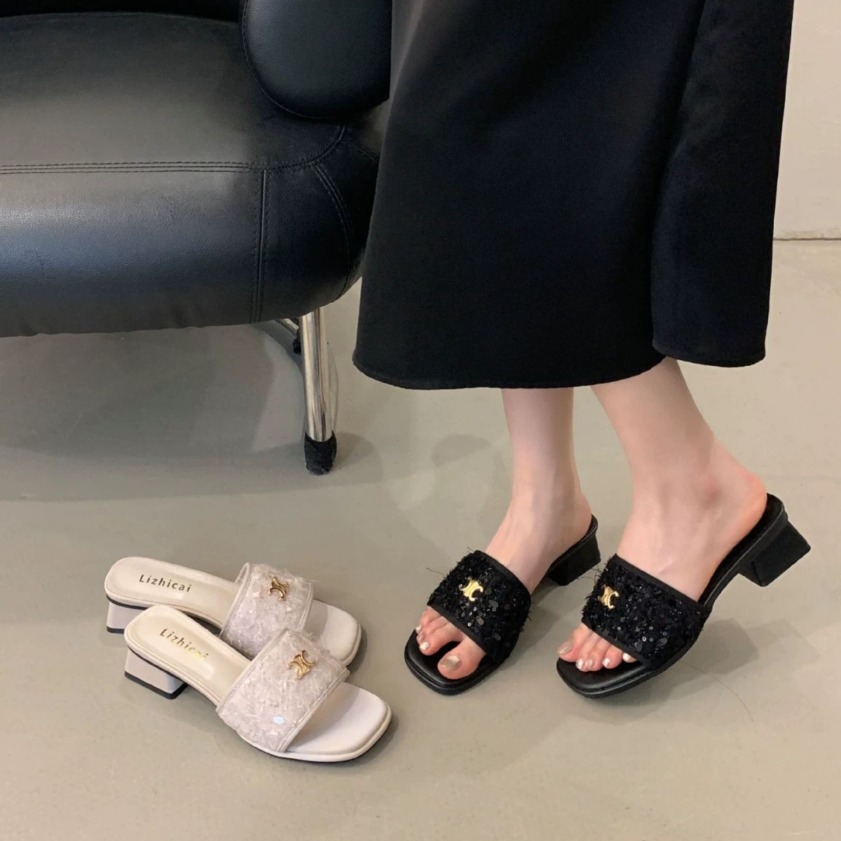 Женские сандалии-слипоны на массивном каблуке в французском стиле с шикарным открытым носком и высоким каблуком-фея, идеально подходящие для лета и платьев.