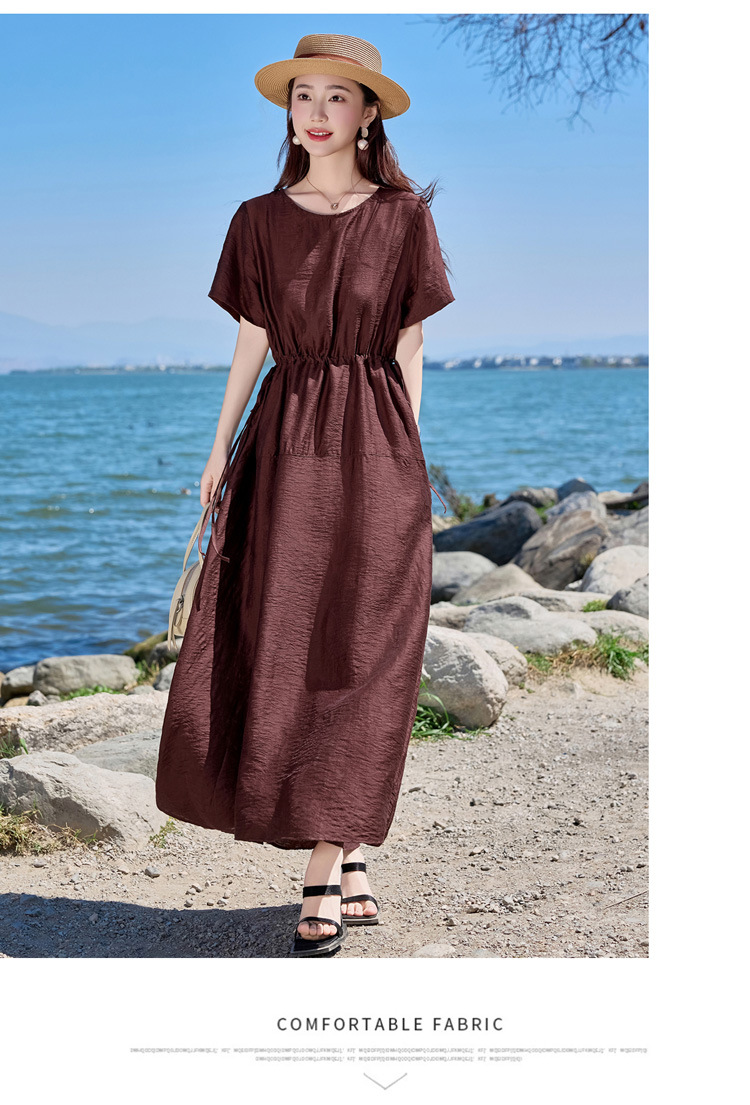 Đầm maxi nữ cổ tròn tay ngắn eo thon dáng dài — Màu đen, Màu nâu đỏ, Màu xám chi tiết 15
