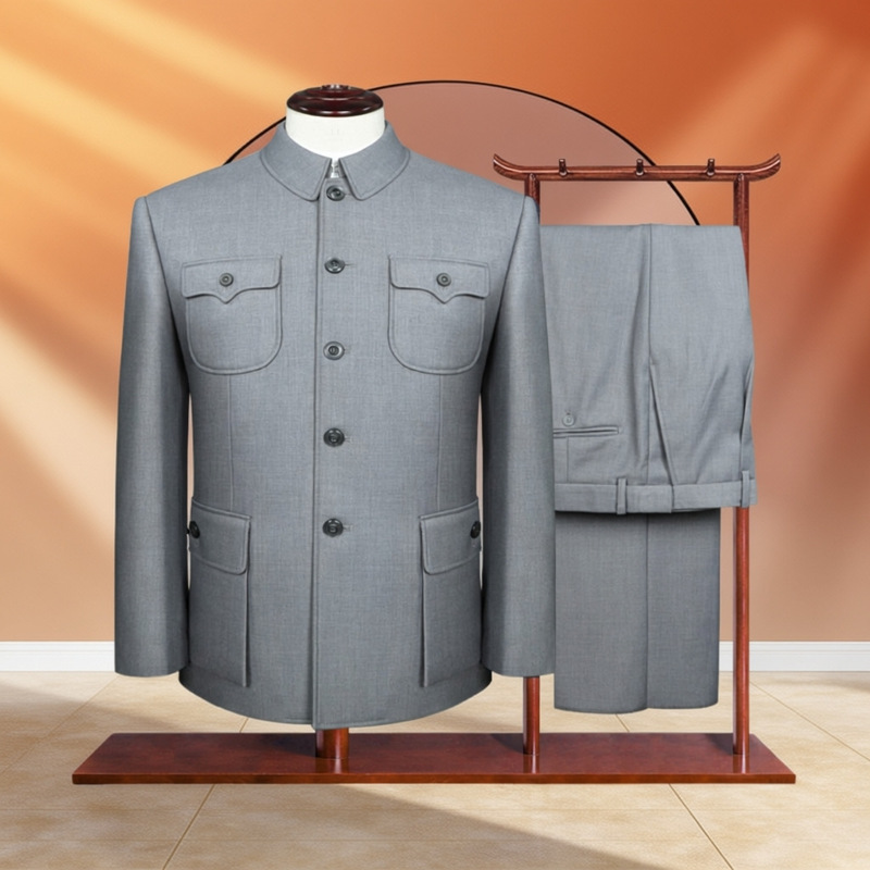 Middle-aged and elderly men's spring and autumn traditional high-end Chinese-style gray Zhongshan suit for performances and formal occasions Middle-aged and elderly men's spring and autumn traditional high-end Chinese-style gray Zhongshan suit for performances and formal occasions