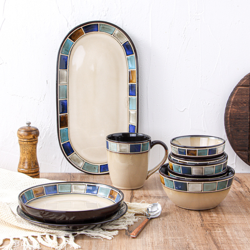 Underglaze Blue Checkered Tableware Bowls And Plates Set Hand-painted Plate Salad Bowl Rice Bowl Steak Plate Fish Plate Mug