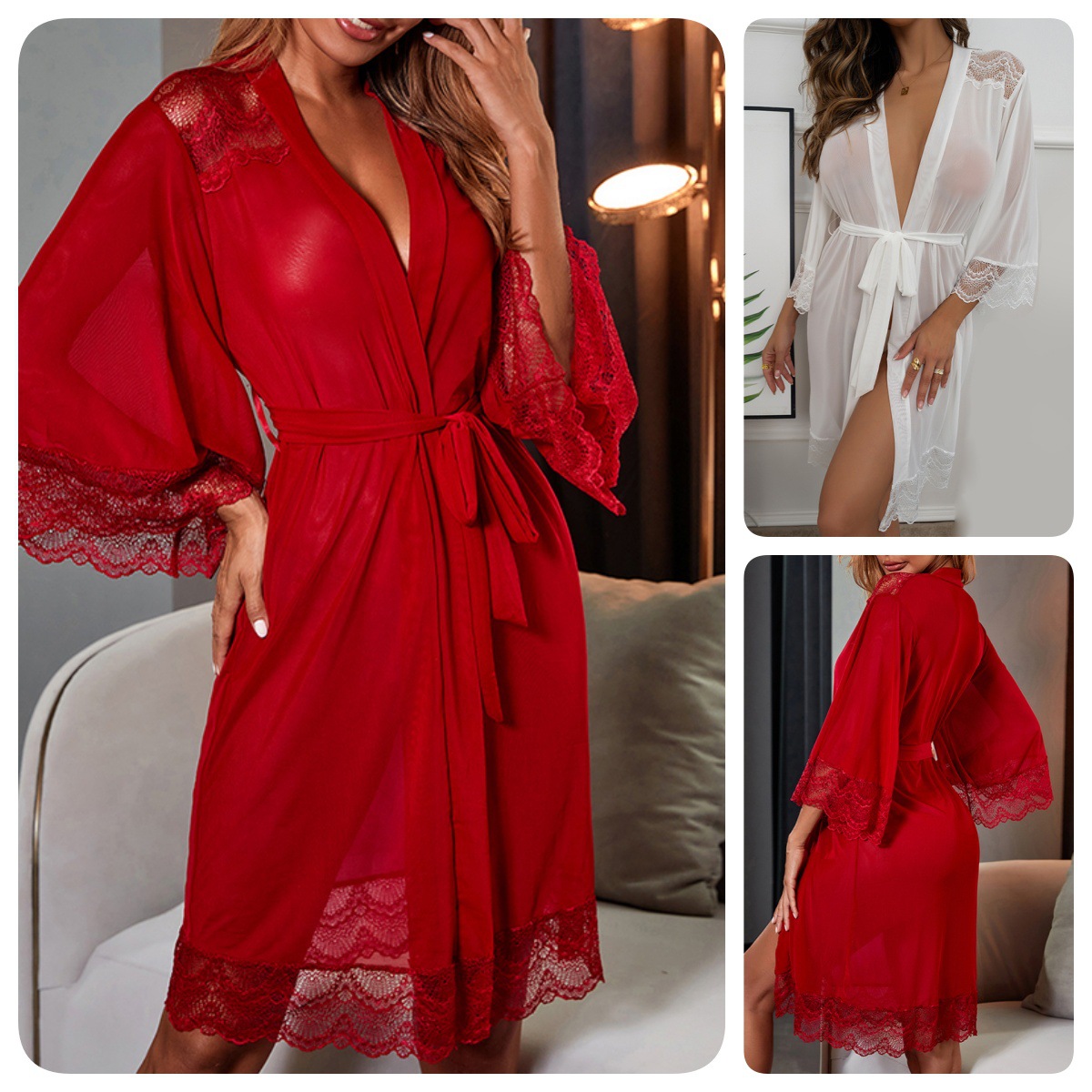 Temu Cross-Border Hot-Selling New Mesh Nightgown See-Through Lingerie Sexy Lace Splicing Robe Loungewear 272