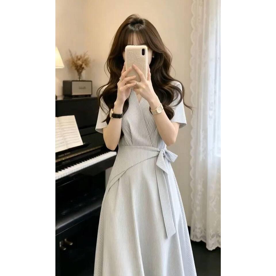 Đầm sơ mi kẻ sọc cổ chữ V tay ngắn chiết eo tôn dáng — Váy sọc (chất lượng cao) chi tiết 8