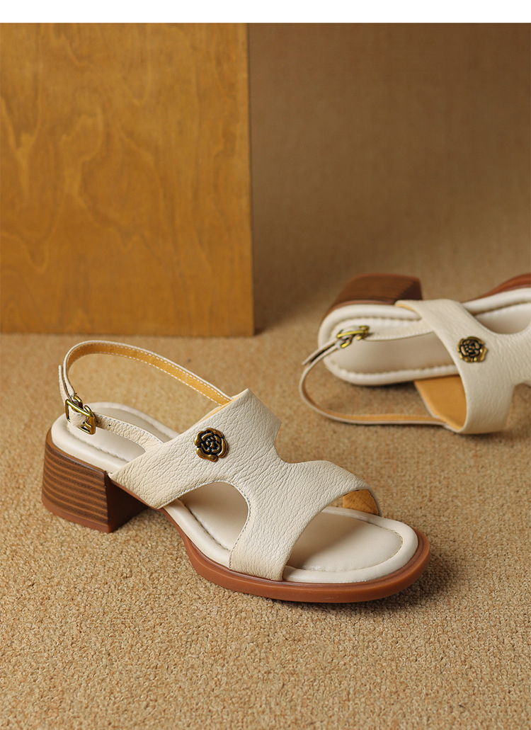 Sandal hở ngón da cừu gót thô đầu vuông quai ngang kiểu La Mã — Màu trắng be chi tiết 13
