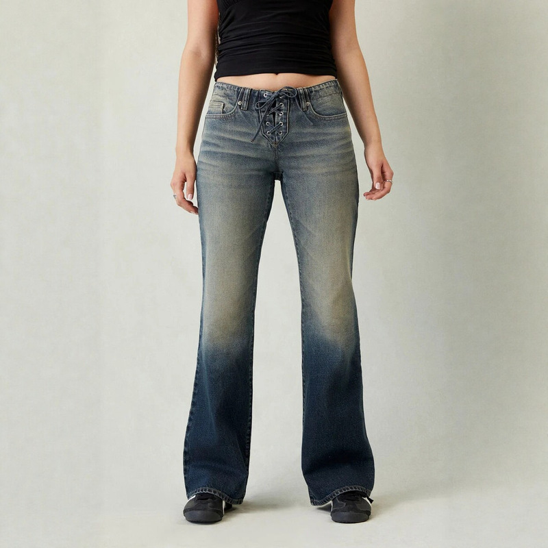 Cross-border European and American retro lace-up flared jeans y2k slim-fit low-waist floor-length pants pacsun jeans Cross-border European and American retro lace-up flared jeans y2k slim-fit low-waist floor-length pants pacsun jeans