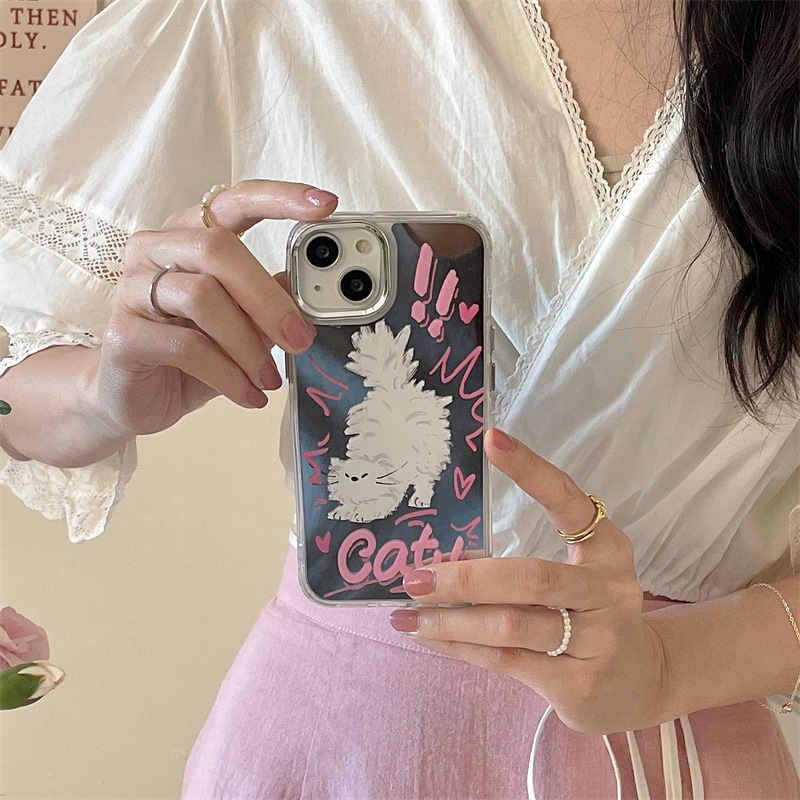 Cartoon cat dog for iPhone15ProMax couple Mirror phone case Apple 14 drop-resistant 13 graffiti