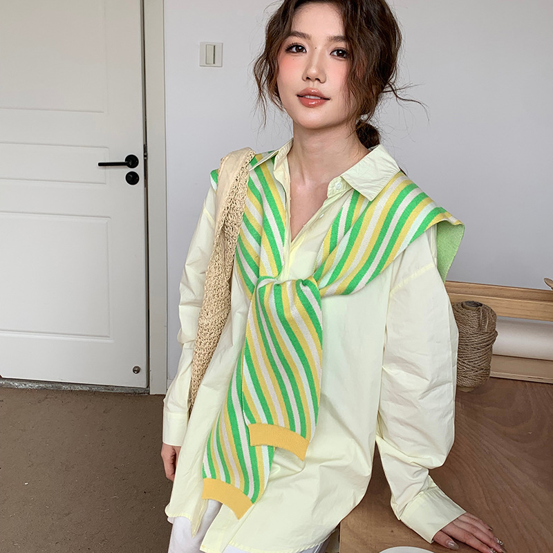 Chal de punto para mujer, primavera y verano, versión coreana del nuevo estilo, rayas de contraste, decoración exterior, aire acondicionado, cuello, chaleco, cuello, cuello, cuello, cuello, cuello, cuello, cuello, cuello, cuello falso, cuello