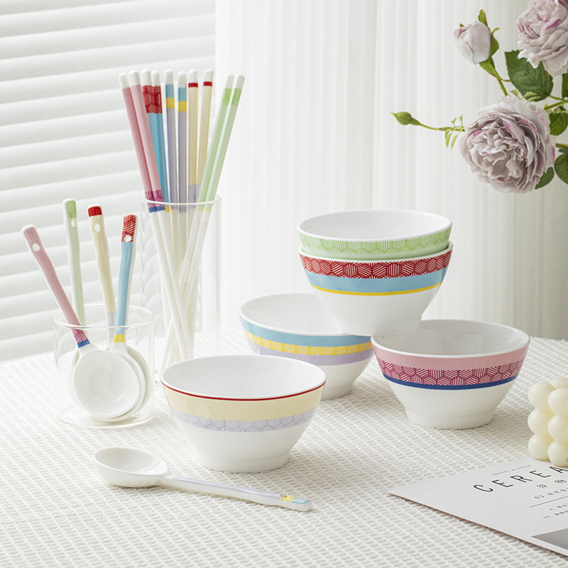 Simple fashion color matching bowl set household High-looking five-person food ceramic tableware suit one chopsticks one bowl one Spoon gift box
