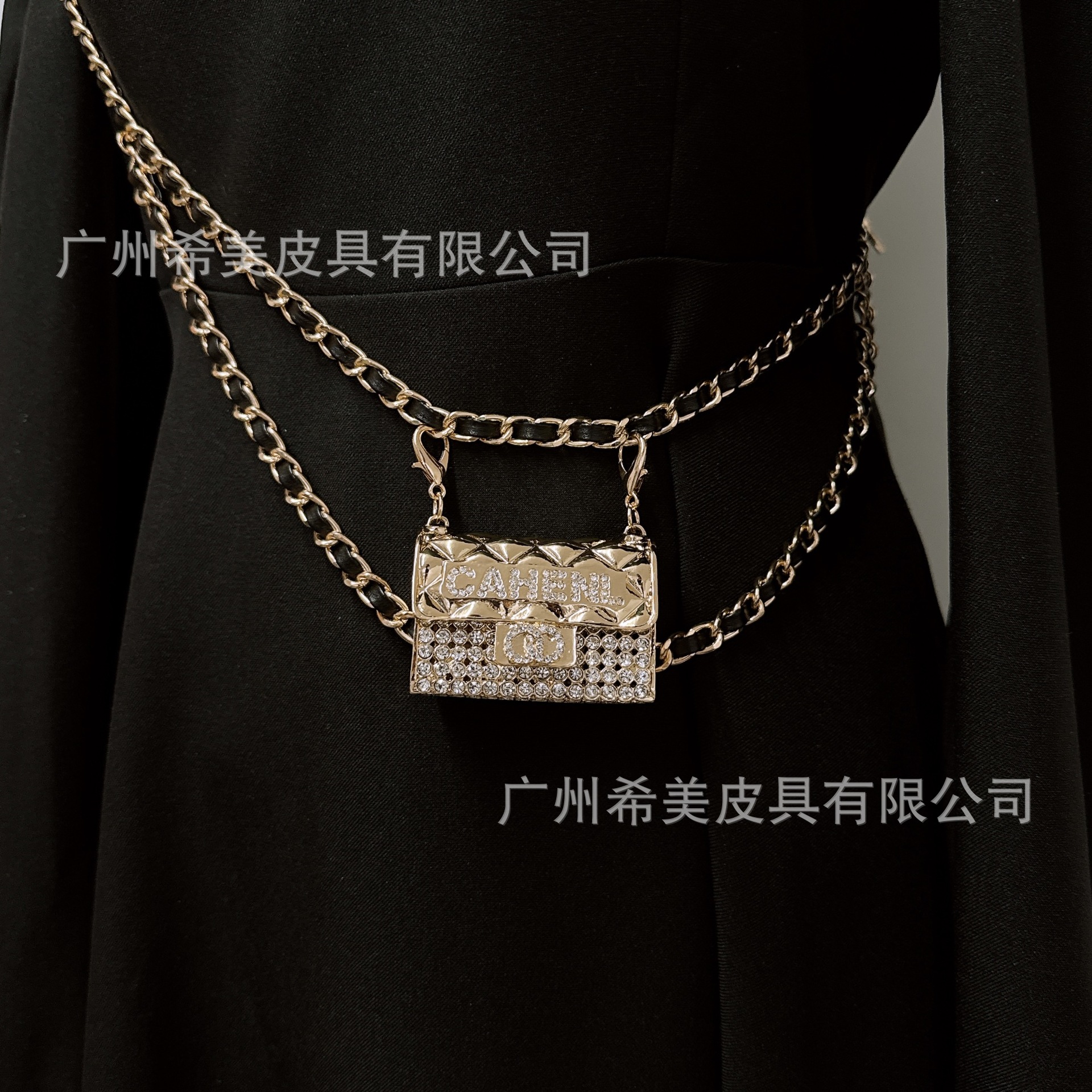 高级感轻奢金属小包包双层编织链条女士腰链包斜跨包搭配西装裙子