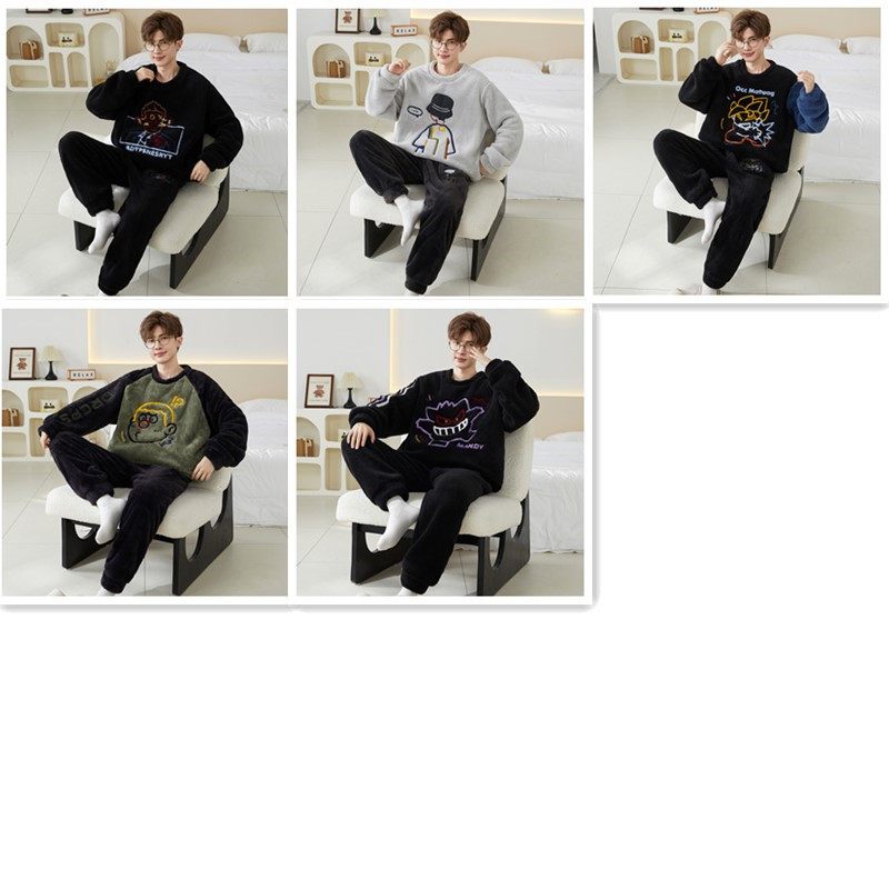 2025 pijamas casuales de coral camisa de dibujos animados juveniles estudiantes de franela para hombres set de ropa de casa