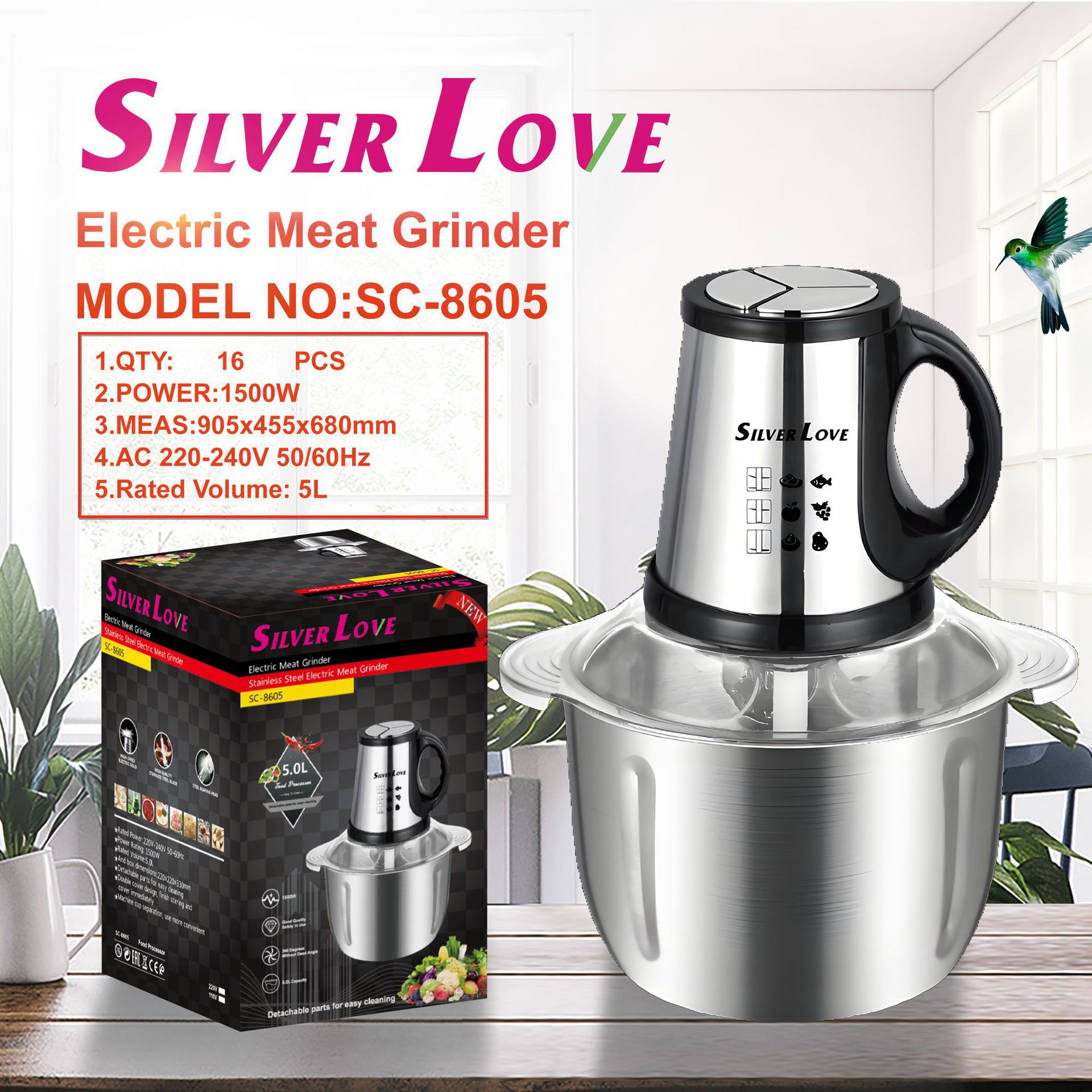 Exportación doméstica de acero inoxidable moledor de carne 5.0L cocinador multifuncional 1500W de alta potencia 5430 motor