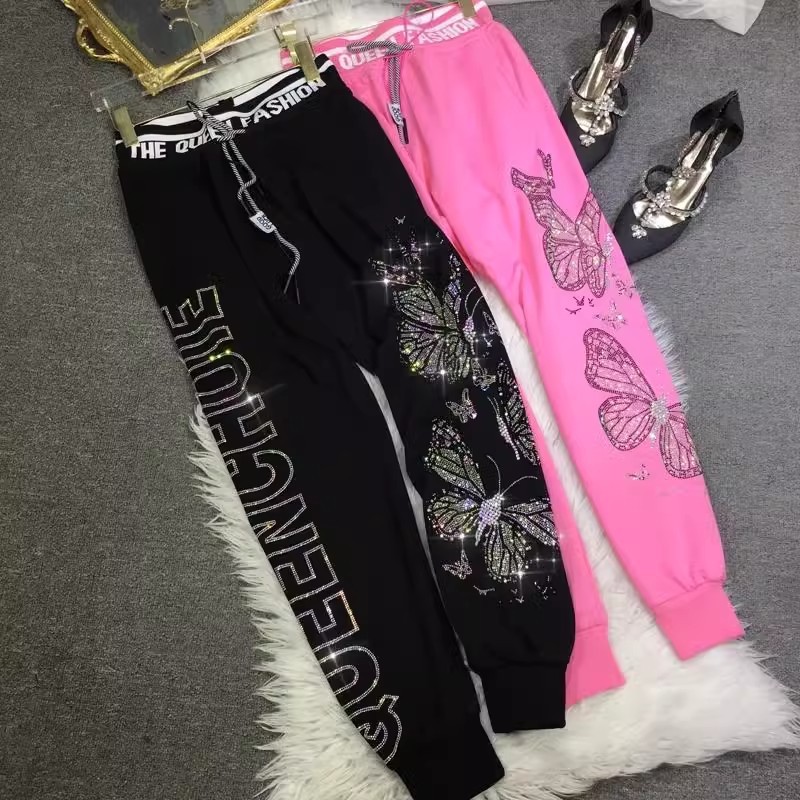 Vêtements pour femmes gros m lourd chaud diamant pantalons de survêtement papillon taille haute minceur jambe sport automne et hiver femmes pantalons longs_voghion.com