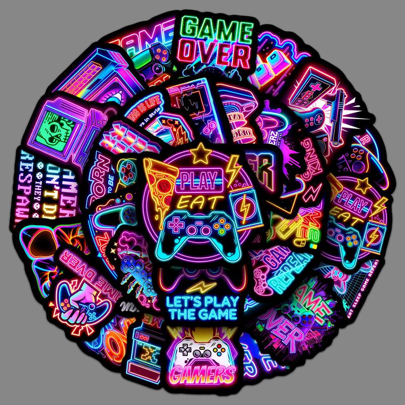 50 Neon Game Stickers, Colorful and Cool Trendy Graffiti, Waterproof Decorative Stickers for Thermos Cups, Luggage, and Computers