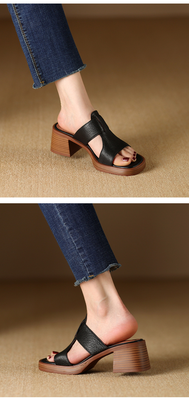 Dép sandal nữ đế dày gót vuông mũi hở 4.5 cm kiểu La Mã — đen chi tiết 10