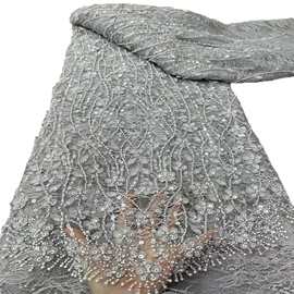 流行蕾丝底婚纱大小珍珠串珠激光立体花绣面料晚礼服舞台面料lace