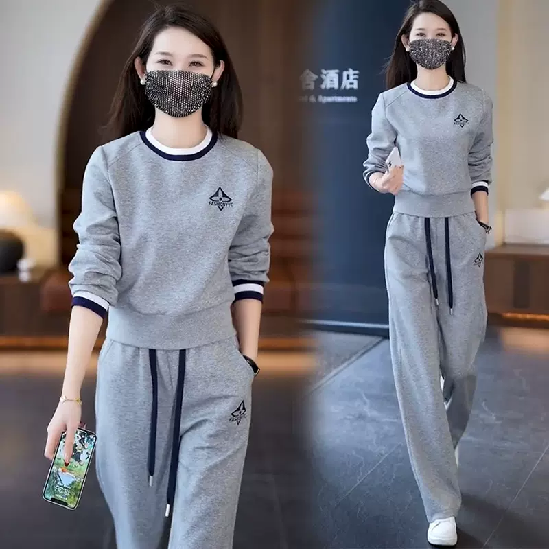时尚休闲运动服套装女2025春季新款洋气减龄圆领卫衣阔腿裤两件套