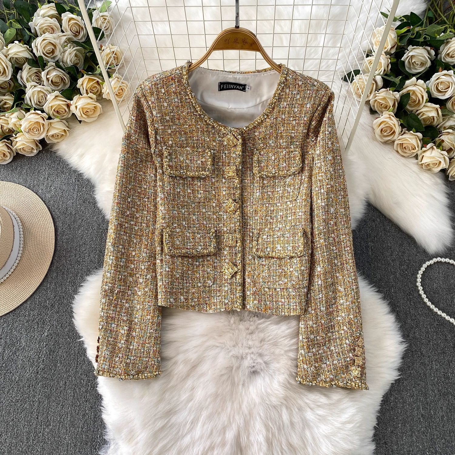 Cross-Border French-Style Chic Heavy Beaded Tweed Jacket for Women, Autumn Versatile Slimming Jacket Top