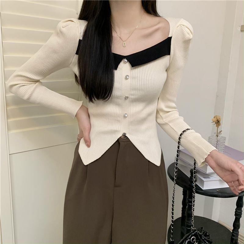 Chanel style square collar color matching long-sleeved sweater for women autumn and winter New irregular waist slim-fit short bottoming top