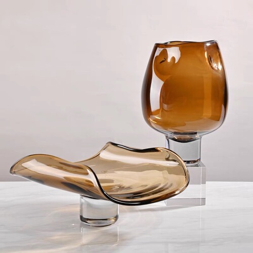 Modern light luxury tea color glass vase fruit bowl set decorative hotel model room entrance desktop soft decoration item